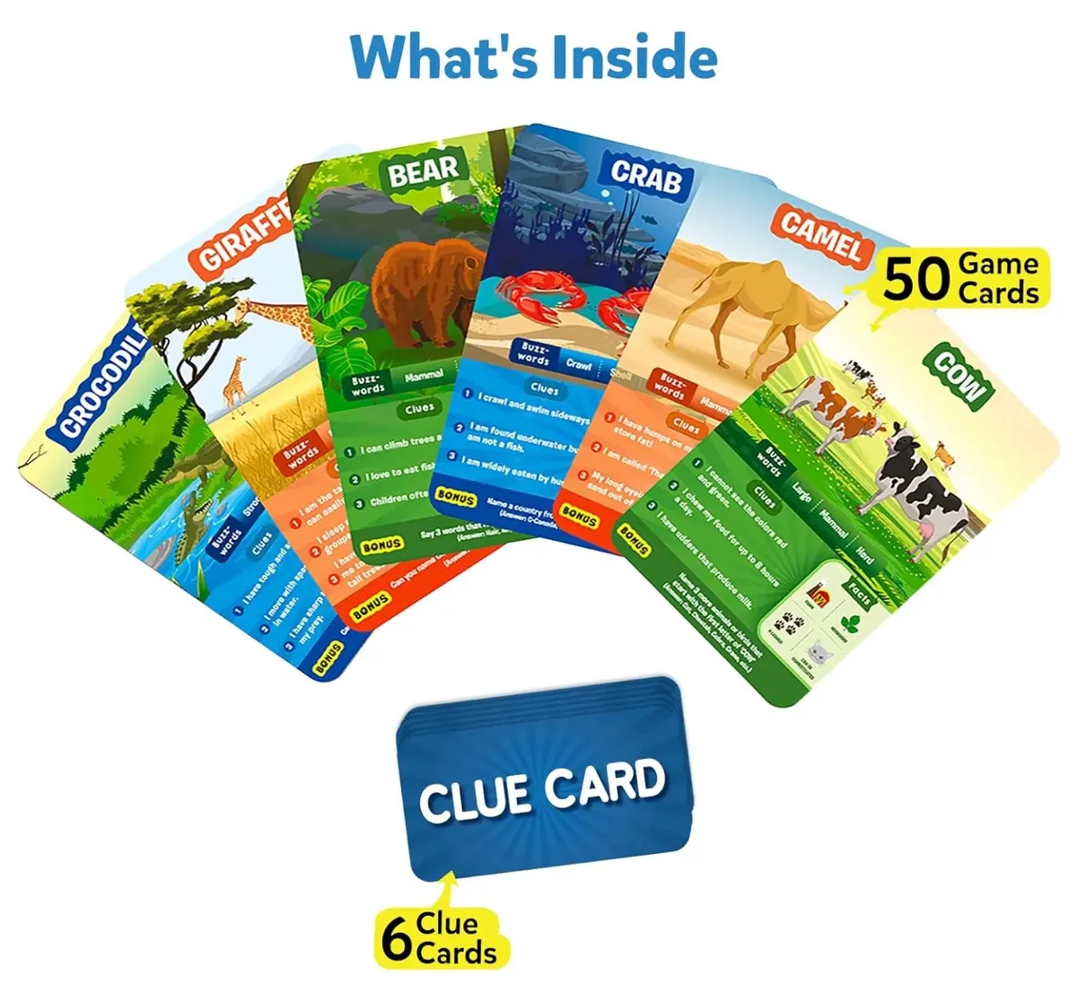 Guess in 10 Animal Planet cards fanned out: animal game cards and a clue card