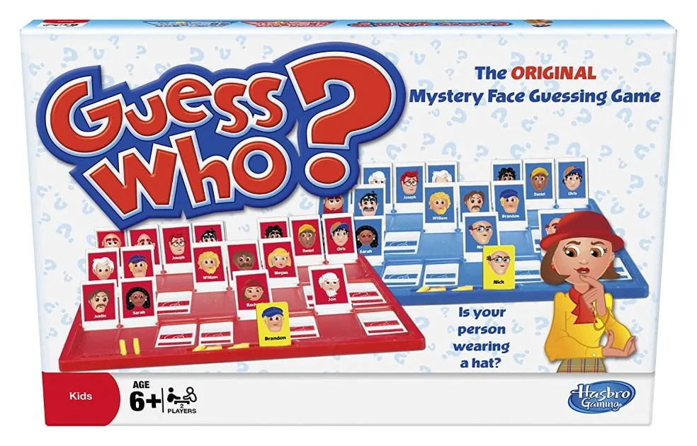 Front of the Guess Who? box with red and blue gameboards and a cartoon detective