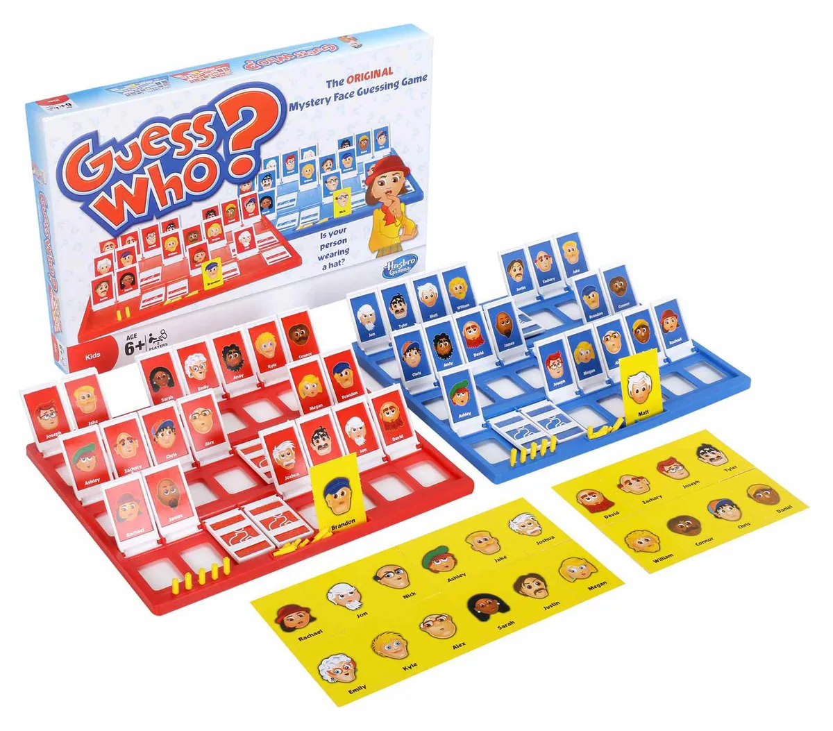 The Guess Who? box with both gameboards standing in front of it, faces up, and the mystery cards