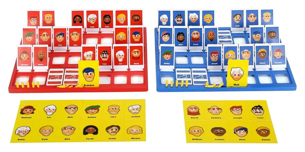 Red and blue Guess Who? boards side by side with all 24 faces standing up