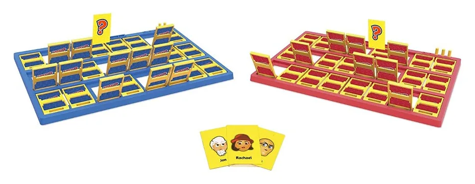 The two Guess Who? boards facing each other with mystery cards beside them