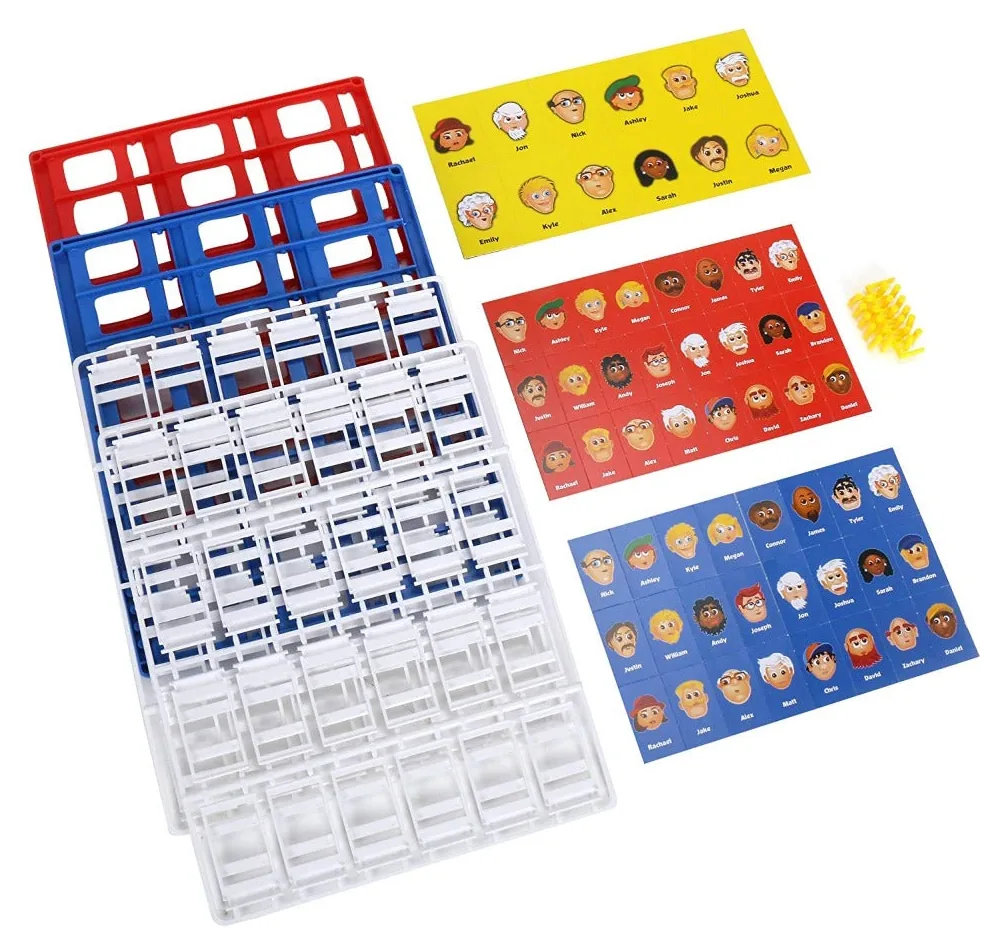 Unassembled Guess Who? parts: red and blue frames, white flip-down doors and sheets of character faces