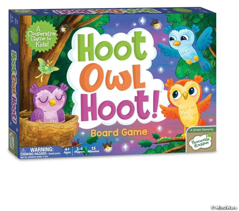 The Hoot Owl Hoot! box from Peaceable Kingdom, with cartoon owls on the front
