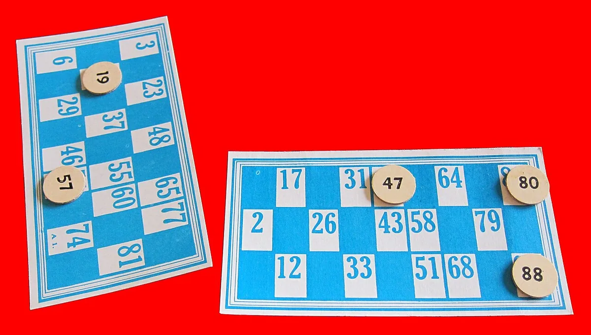 Two blue Housie tickets with round counters covering some of their numbers