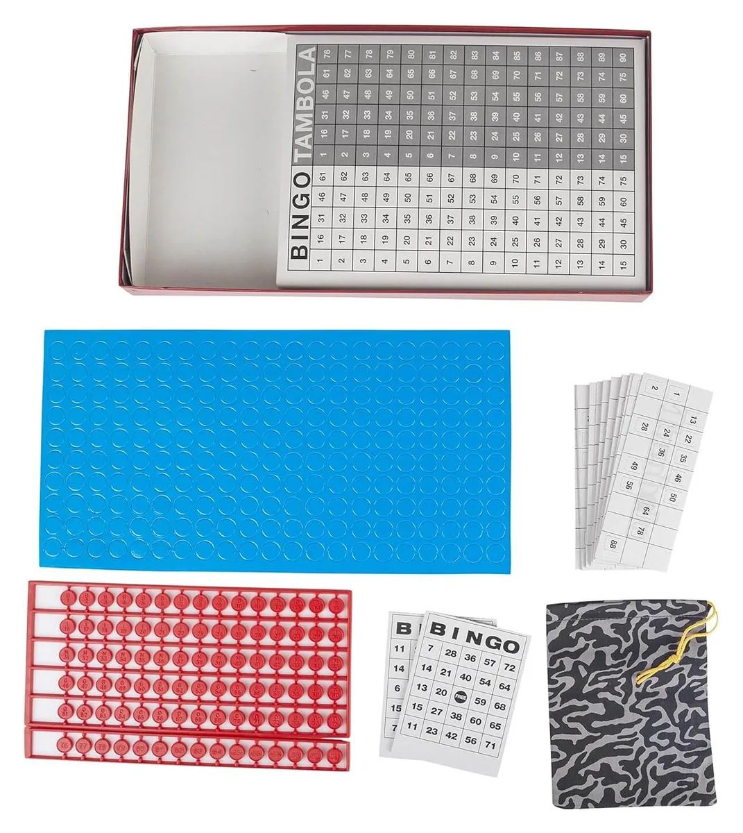 Funskool's Tambola set laid out: the box with its number board, covering windows, tickets and coins