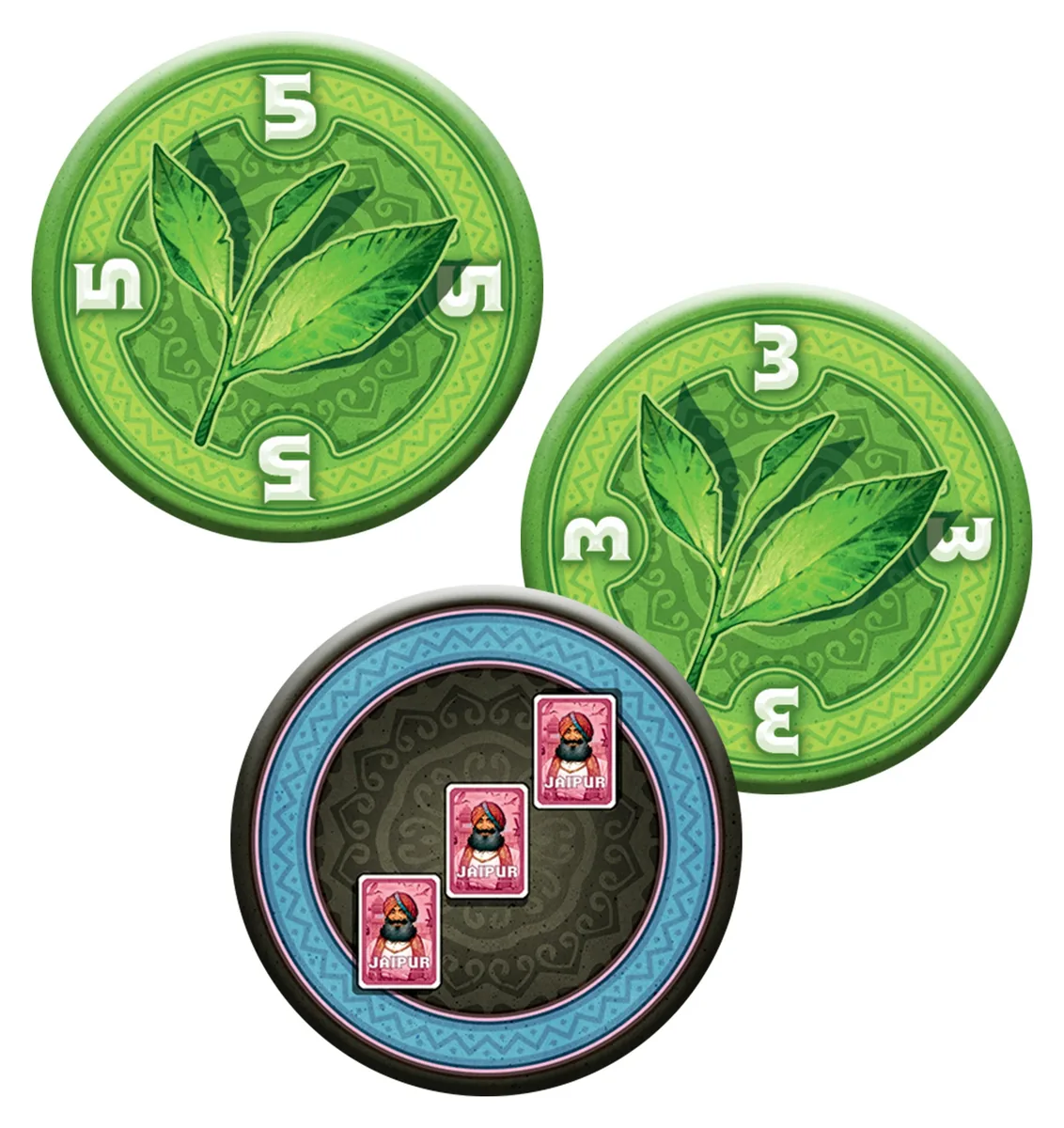 Green goods tokens worth 5 and 3 points, and a bonus token