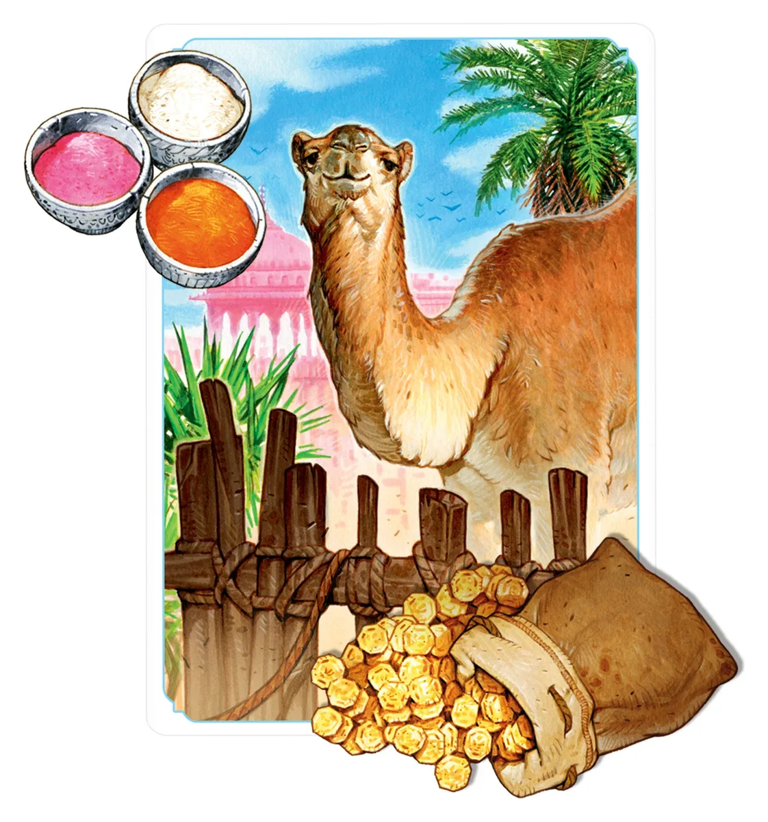 A camel card with bowls of spice and a sack of coins
