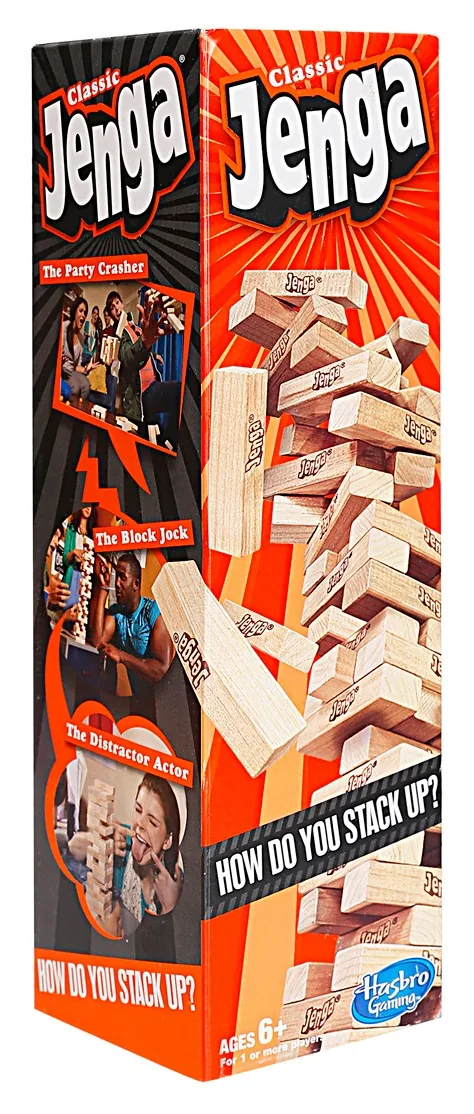 The tall orange Jenga box with a wooden block tower