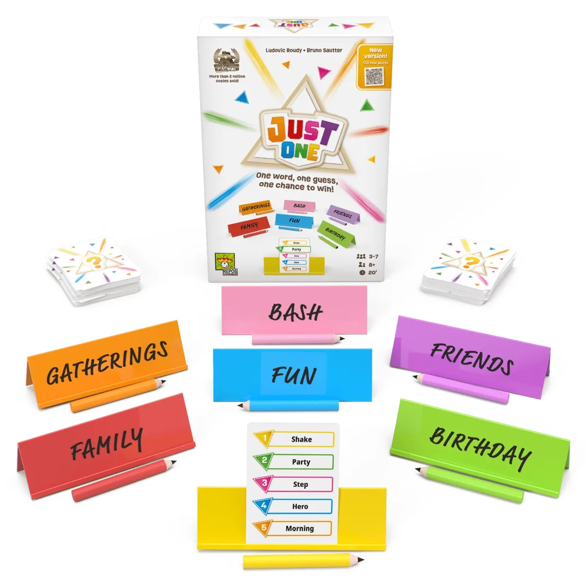 The Just One box with seven coloured easels, a stack of word cards and pencils
