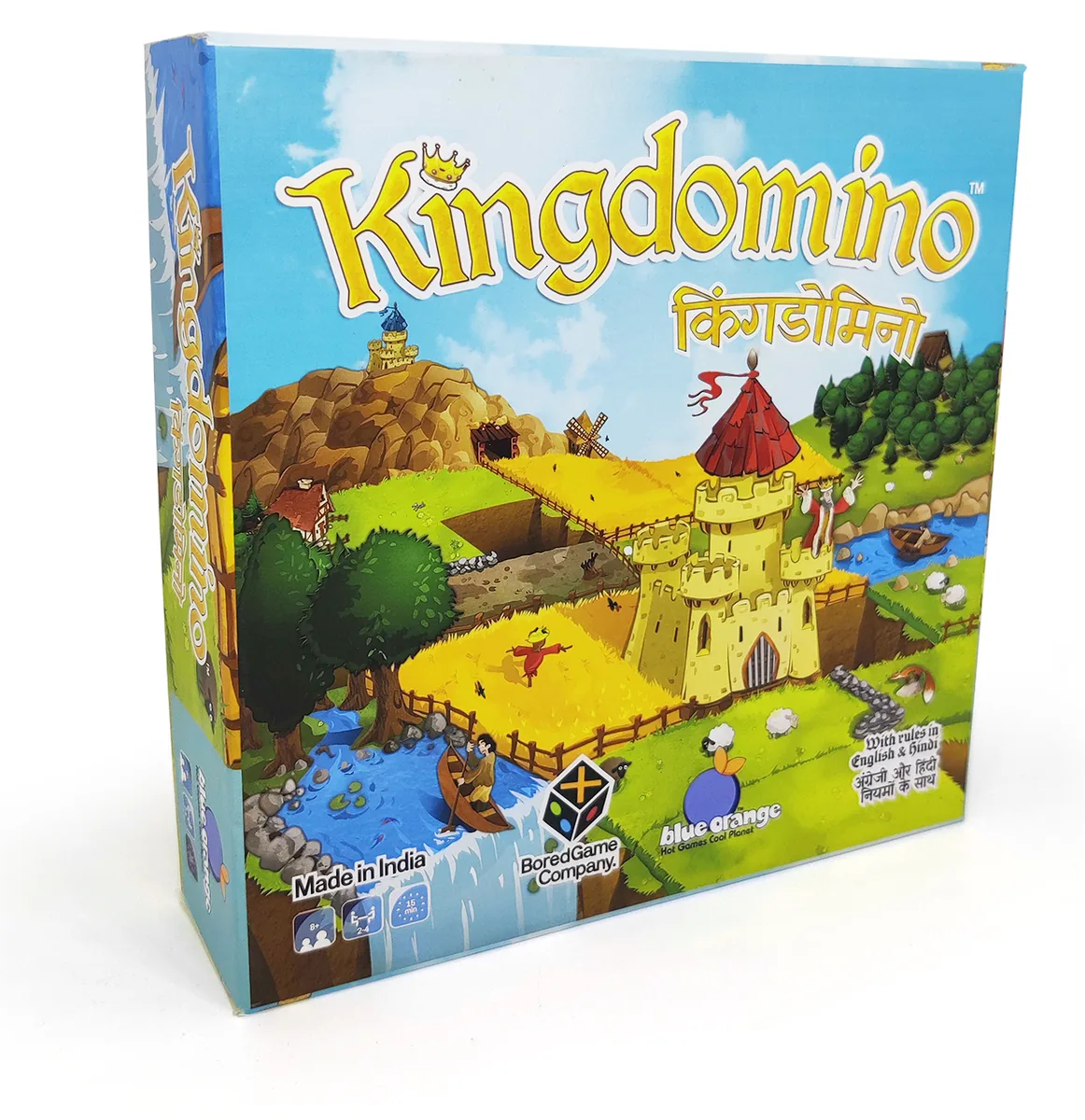 The Kingdomino box sold in India: a castle above fields, forests and a lake
