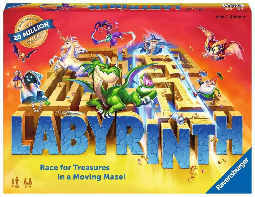 Front of Ravensburger's Labyrinth box: a colourful moving maze with treasures and a dragon