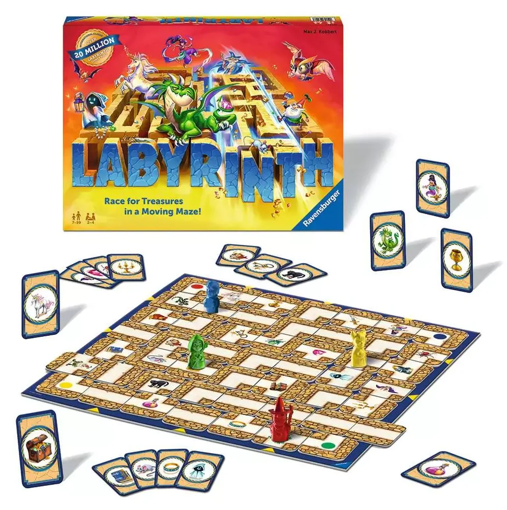 The Labyrinth board with path tiles, treasure cards and four pawns laid out around it