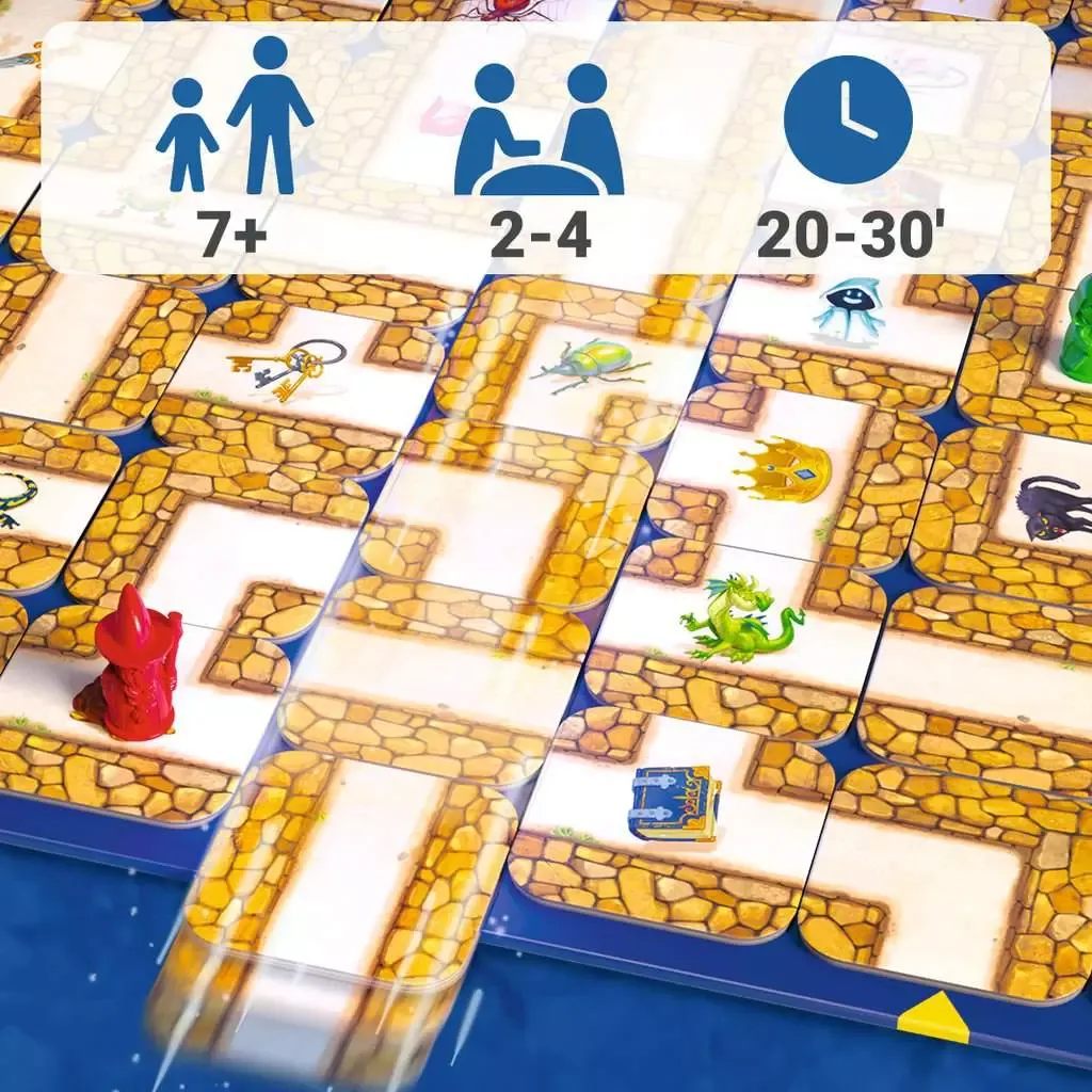 Close-up of the maze with pawns on the paths, and icons for ages 7 and up, 2 to 4 players and 20 to 30 minutes