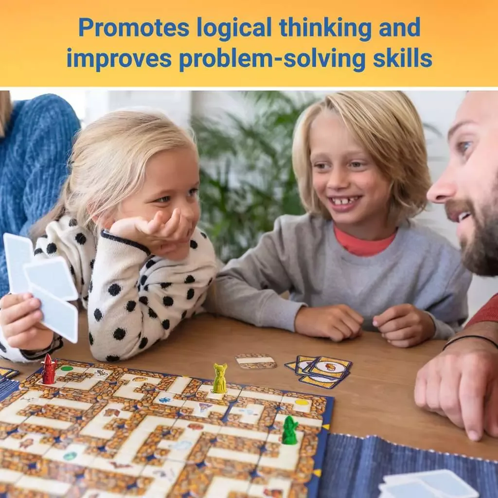 Two children playing Labyrinth at a table, one moving a pawn