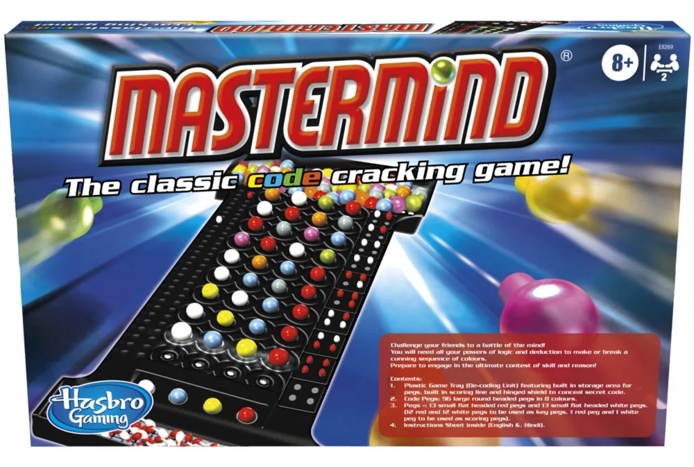 Front of Hasbro's Mastermind box showing the tray, coloured code pegs and the shield