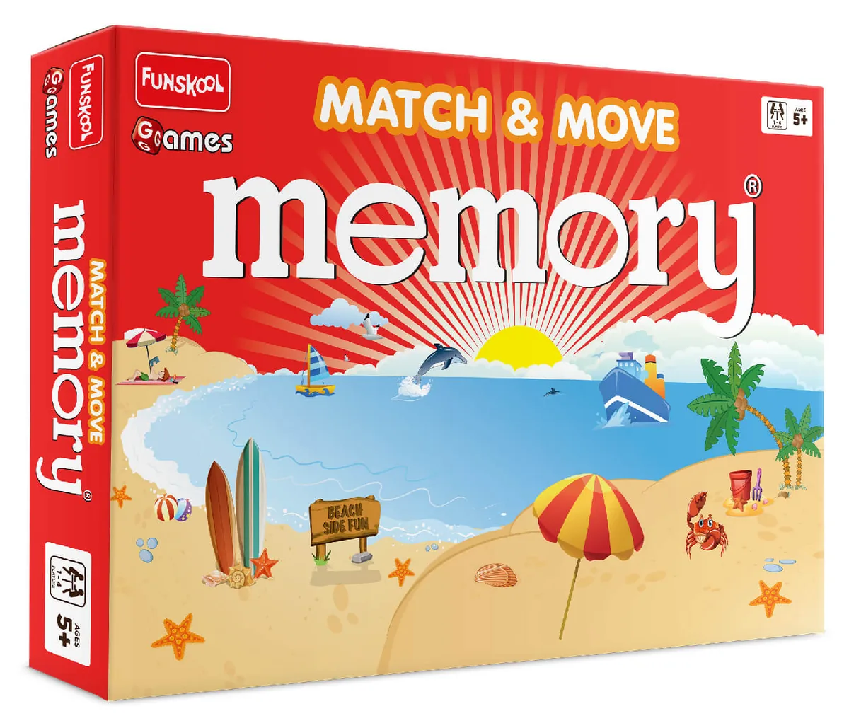 The red Funskool Match & Move memory box, with a sunny beach picture on the front