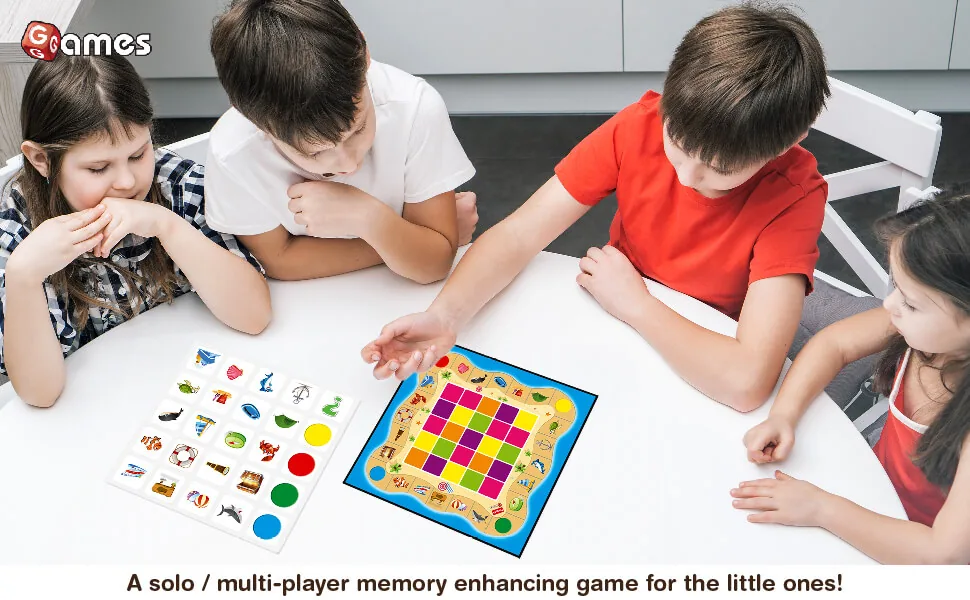 Four children around a table playing Match & Move, one turning over a card in the grid