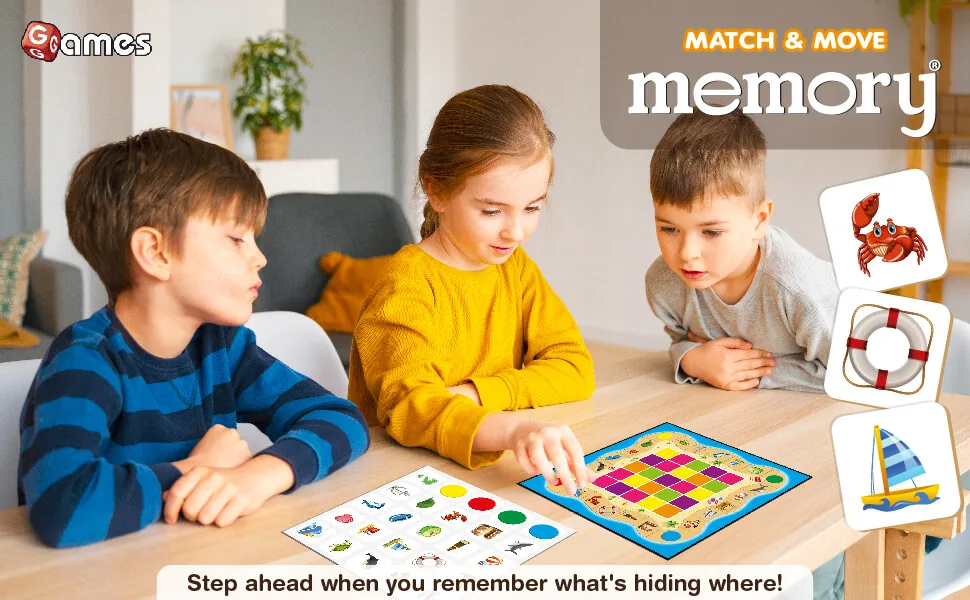 Three children playing Match & Move at a wooden table, one pointing at the board