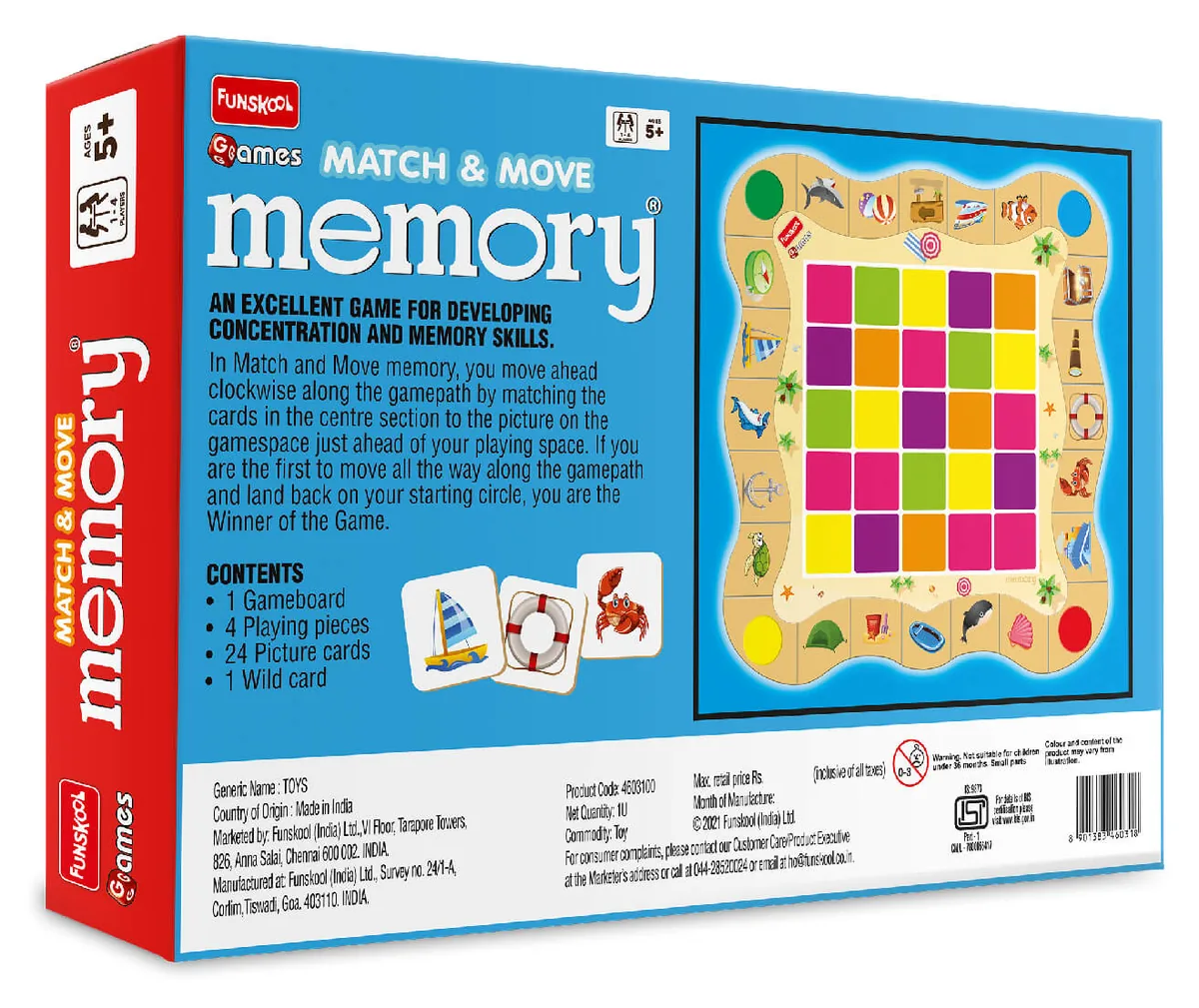 Back of the Match & Move box with the rules, the contents and a picture of the board