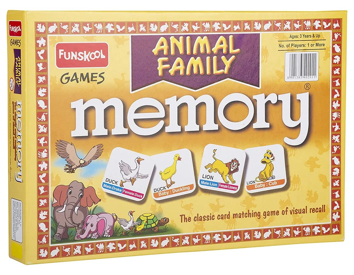 An older Funskool Animal Family memory box in yellow, with a lion family and ducks on the front