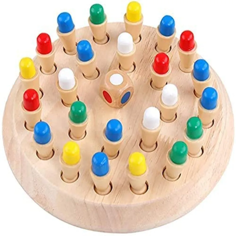 A wooden memory chess board with pegs in six colours and a colour die