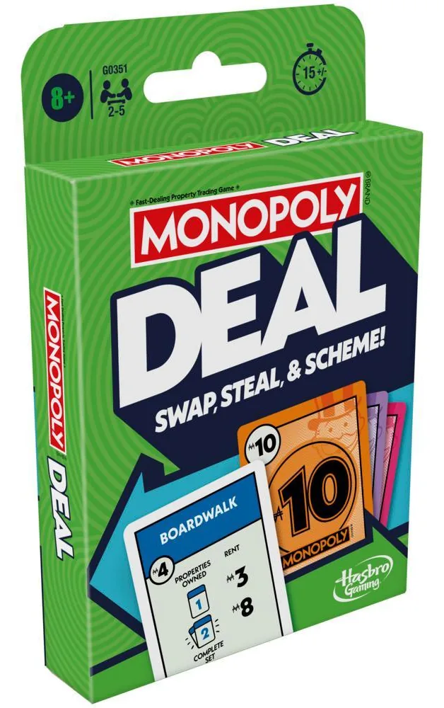 Front of the green Monopoly Deal card box with the Monopoly logo