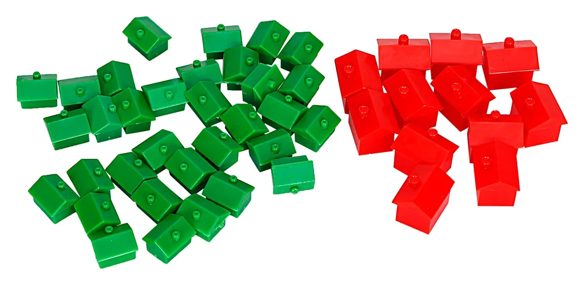 Green plastic houses and red plastic hotels