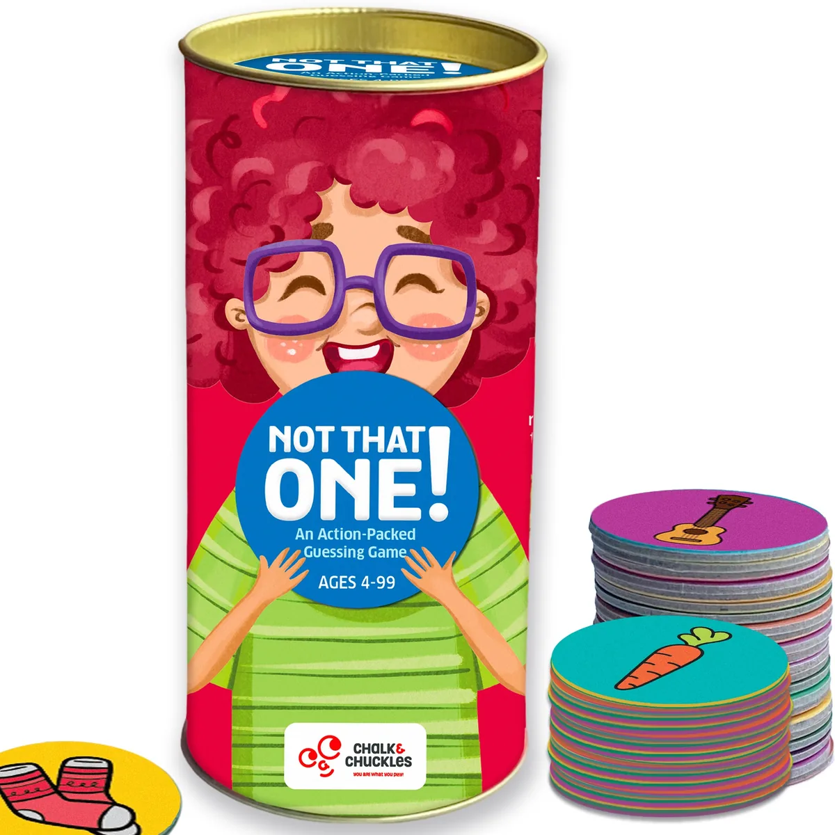 The Not That One! tube from Chalk and Chuckles, with a cartoon girl in glasses on the front and a stack of round picture tokens beside it