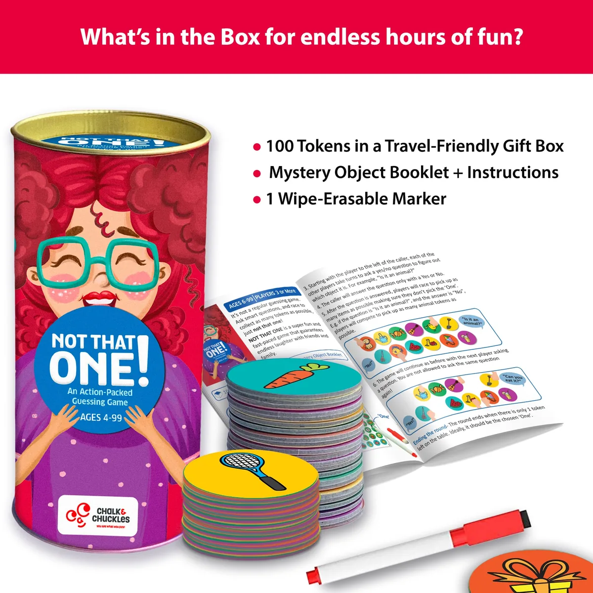 Chalk and Chuckles' picture of the contents: the tube, round picture tokens, the mystery object booklet and a wipe-clean marker
