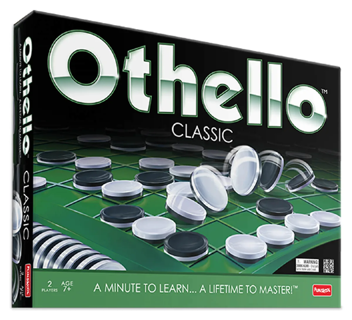 Front of Funskool's green Othello Classic box with black and white discs