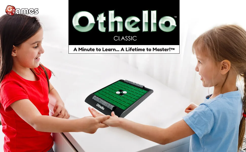 Two girls playing Othello across a white table