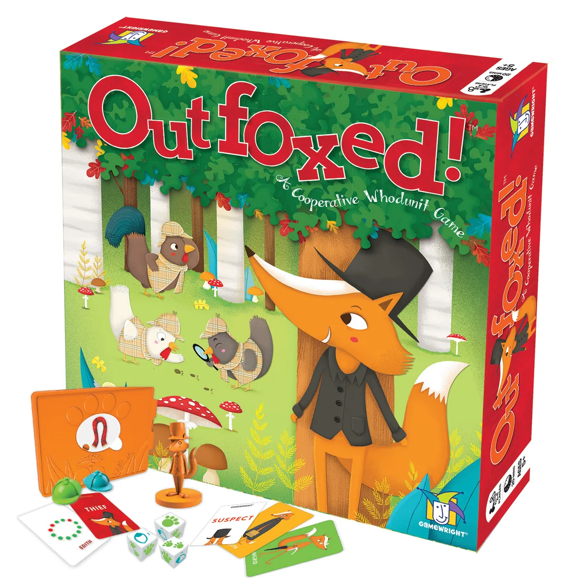 The Outfoxed! box from Gamewright, with some of its cards and pieces in front