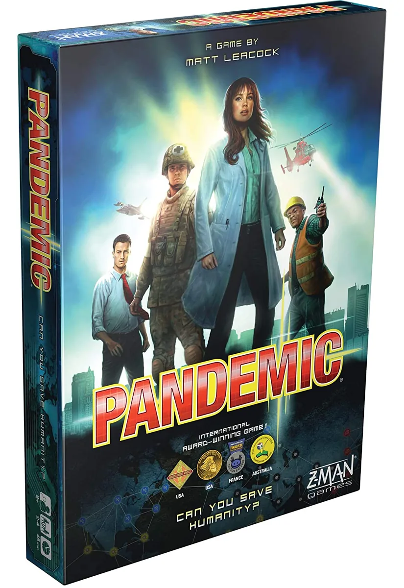 The Pandemic box: four disease-fighting specialists in front of a glowing world map