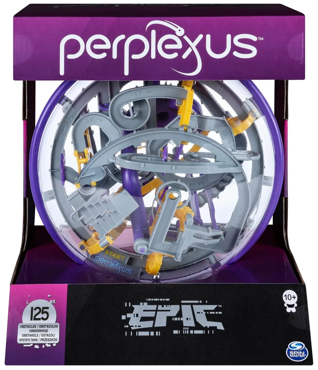 The Perplexus Epic box, with the clear maze sphere showing through the open front and a purple Perplexus logo