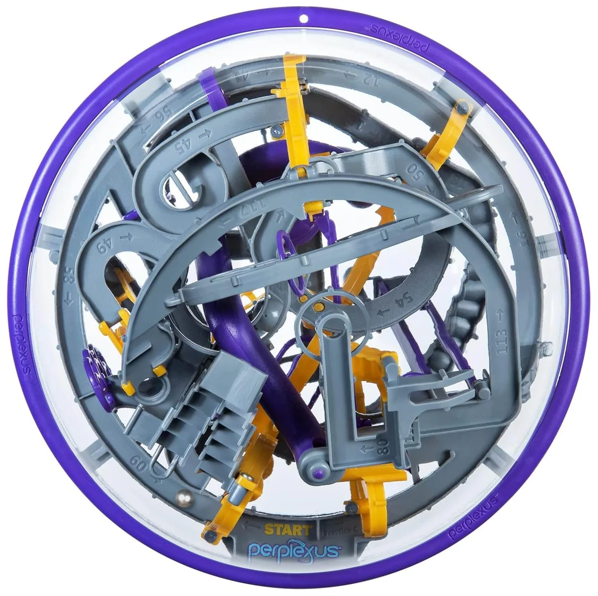 The Perplexus Epic sphere seen face on: a grey numbered track with yellow and purple parts inside a clear ball with a purple ring