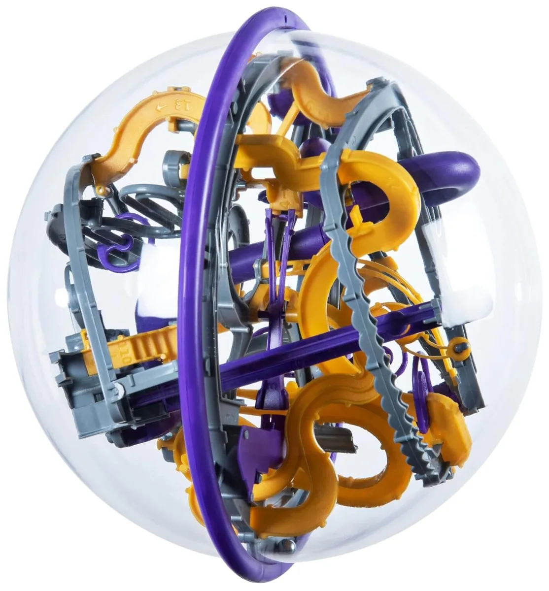 The Perplexus Epic sphere from the side, showing yellow-orange spiral track pieces and the purple ring