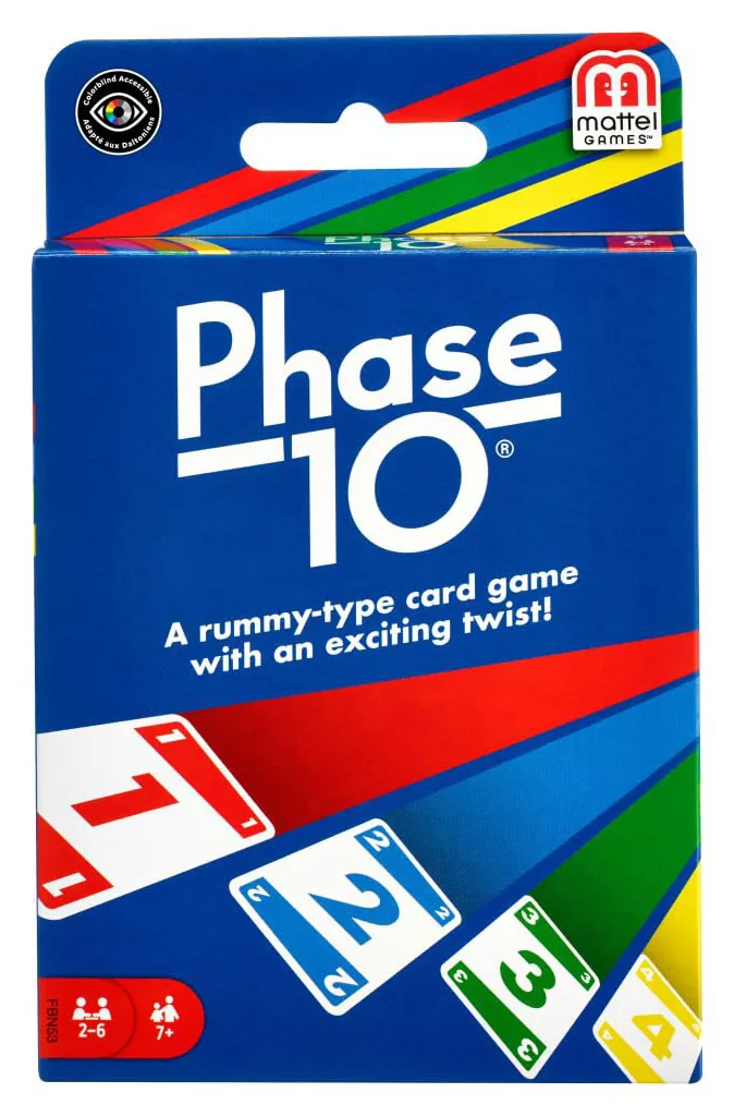 Front of the Phase 10 card game box, blue with red, yellow and green stripes