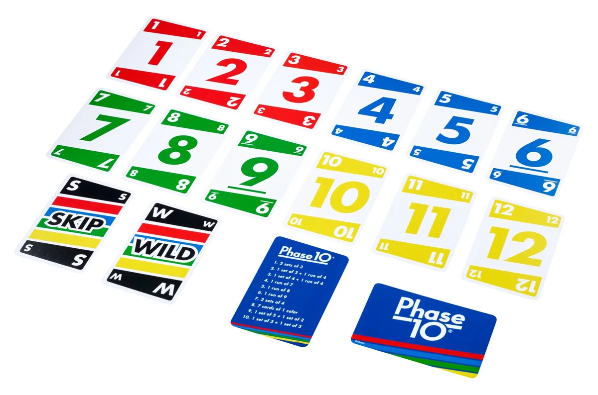 Phase 10 cards laid out: number cards 1 to 12 in four colours, Wild and Skip cards, and the card box