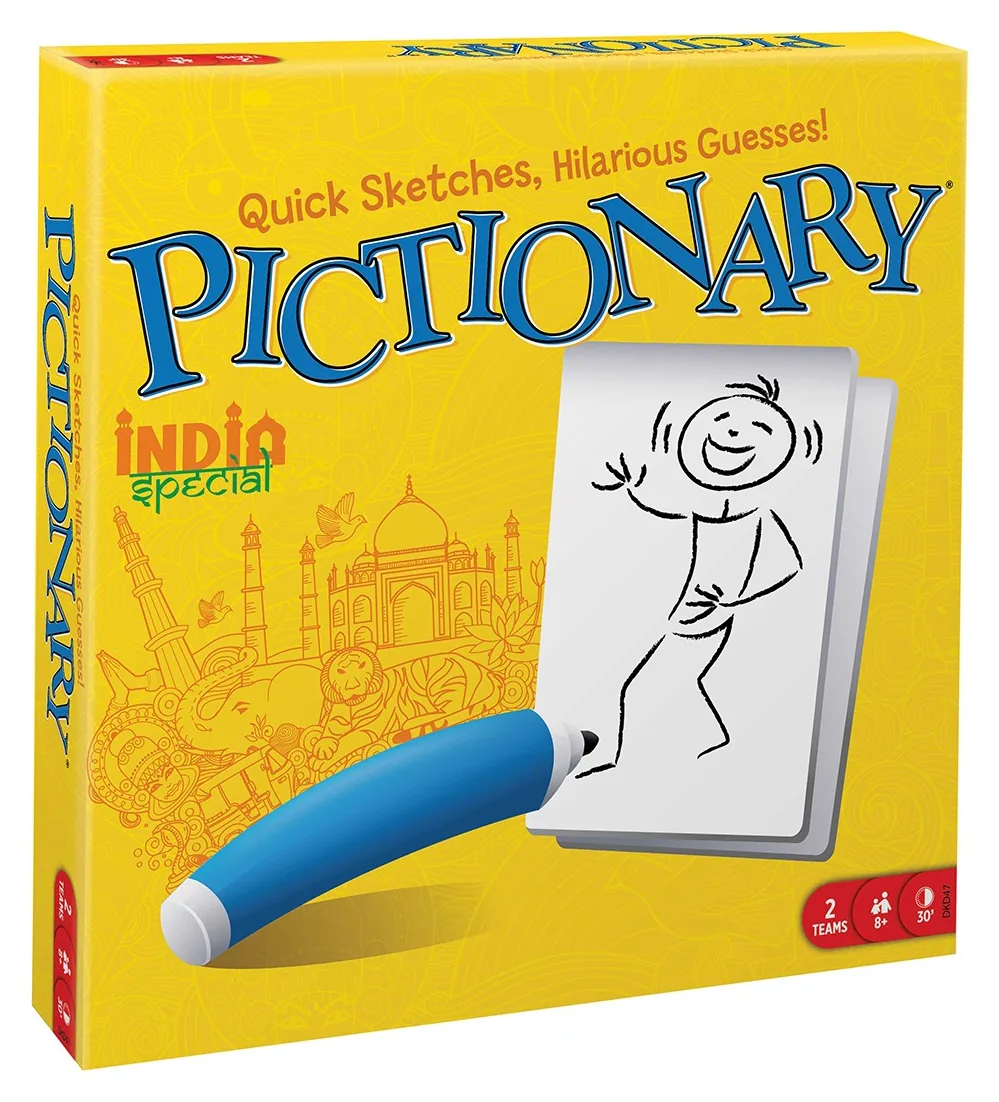 The yellow Pictionary India Special box with a stick figure drawing