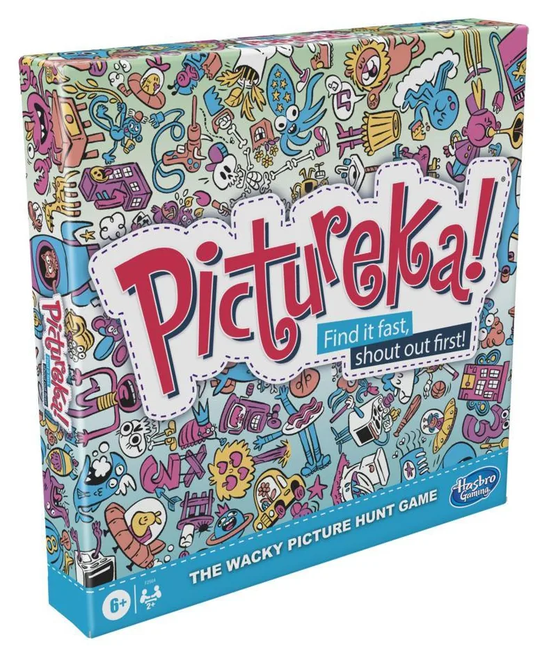The Pictureka! box from Hasbro Gaming, covered in busy cartoon doodles, with 'Find it fast, shout out first!'
