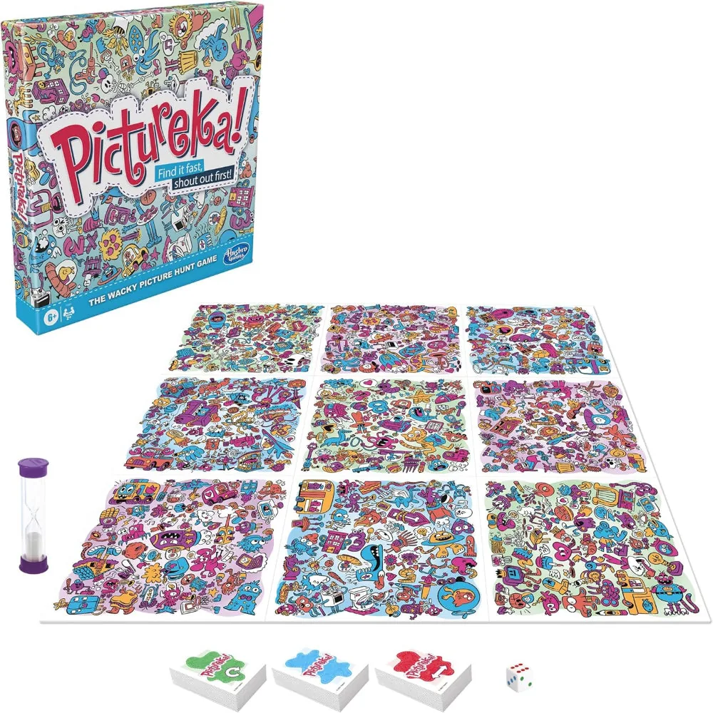 The Pictureka! box behind nine colourful picture tiles laid out in a square, with the mission cards, a die and a sand timer