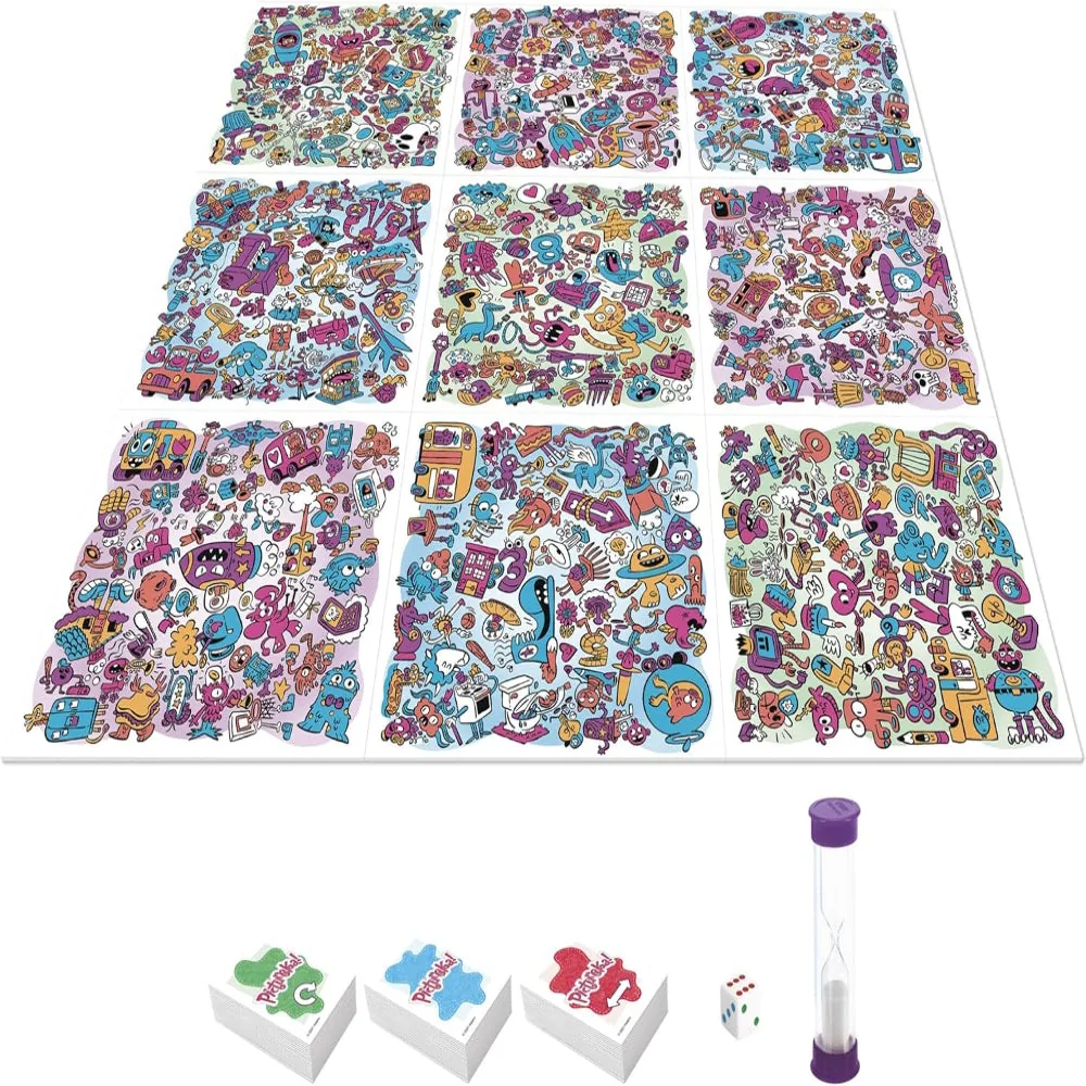 The nine Pictureka! tiles in a three-by-three square, every one packed with tiny cartoon drawings
