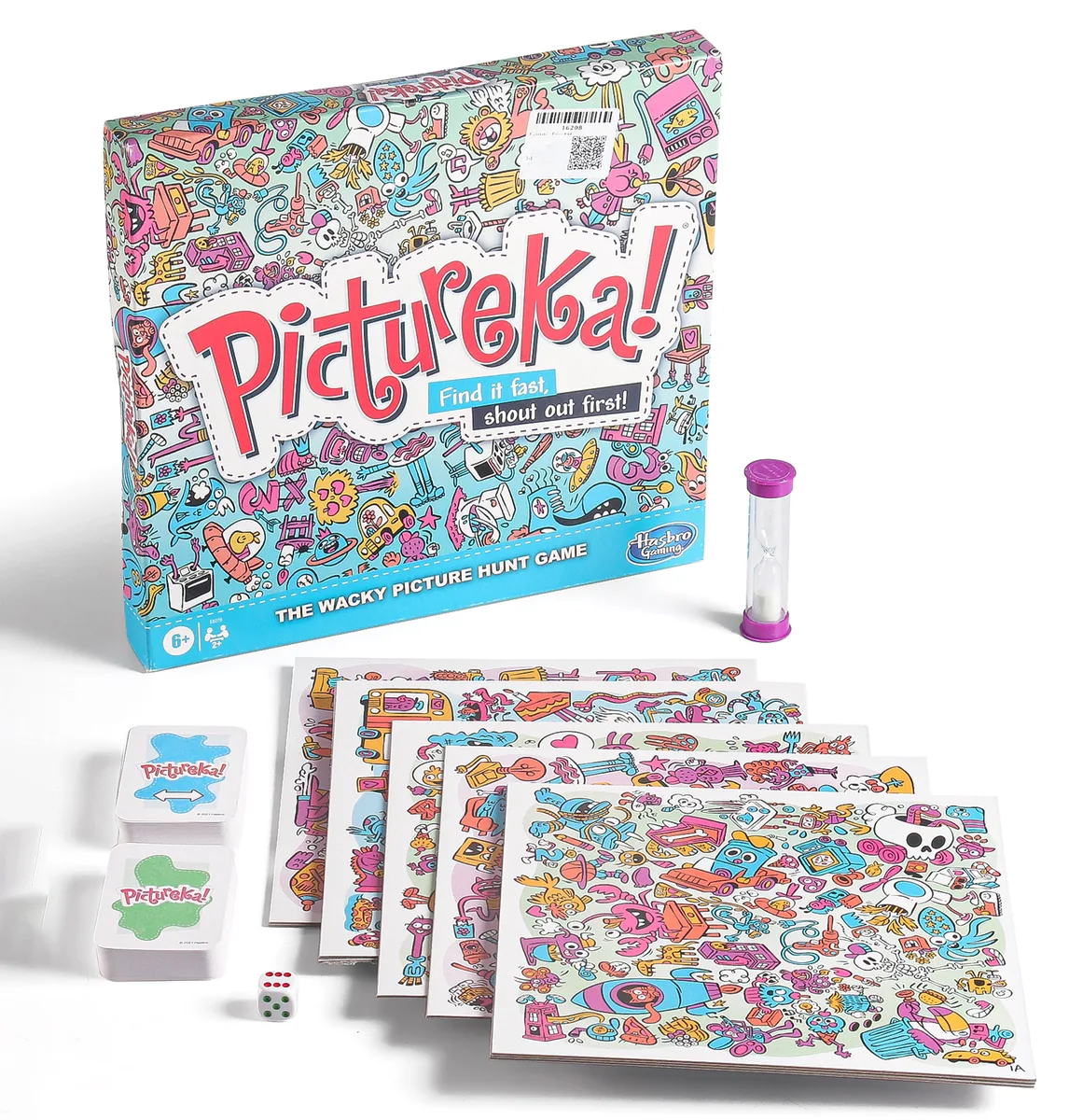 The Pictureka! box with picture tiles fanned out in front, piles of blue and green mission cards and a sand timer
