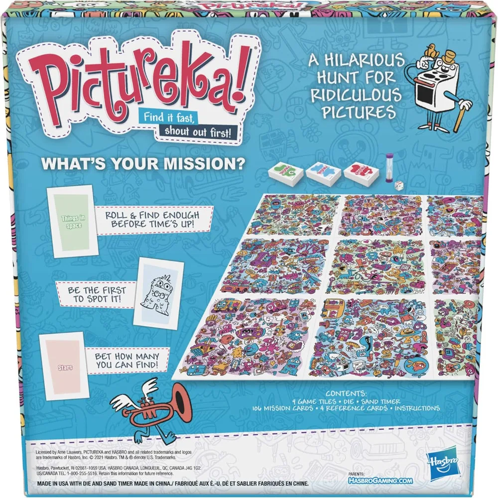 Back of the Pictureka! box, explaining the three kinds of mission