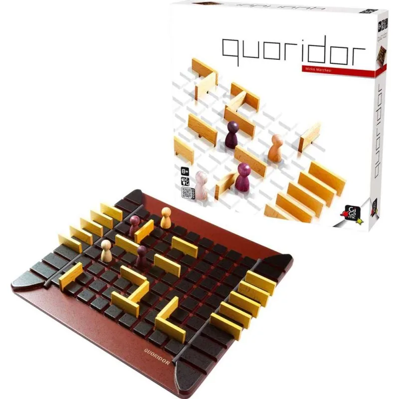 The Quoridor box beside its dark wooden board, with walls stored in the side slots and pawns on the grid