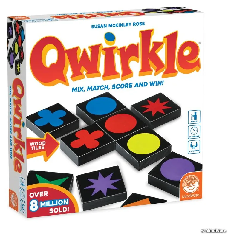 MindWare's Qwirkle box: black wooden tiles with coloured shapes and the red Qwirkle logo
