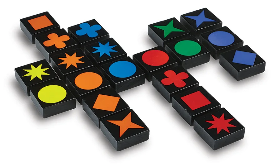 A cross-shaped Qwirkle layout of tiles with stars, circles, clovers and diamonds