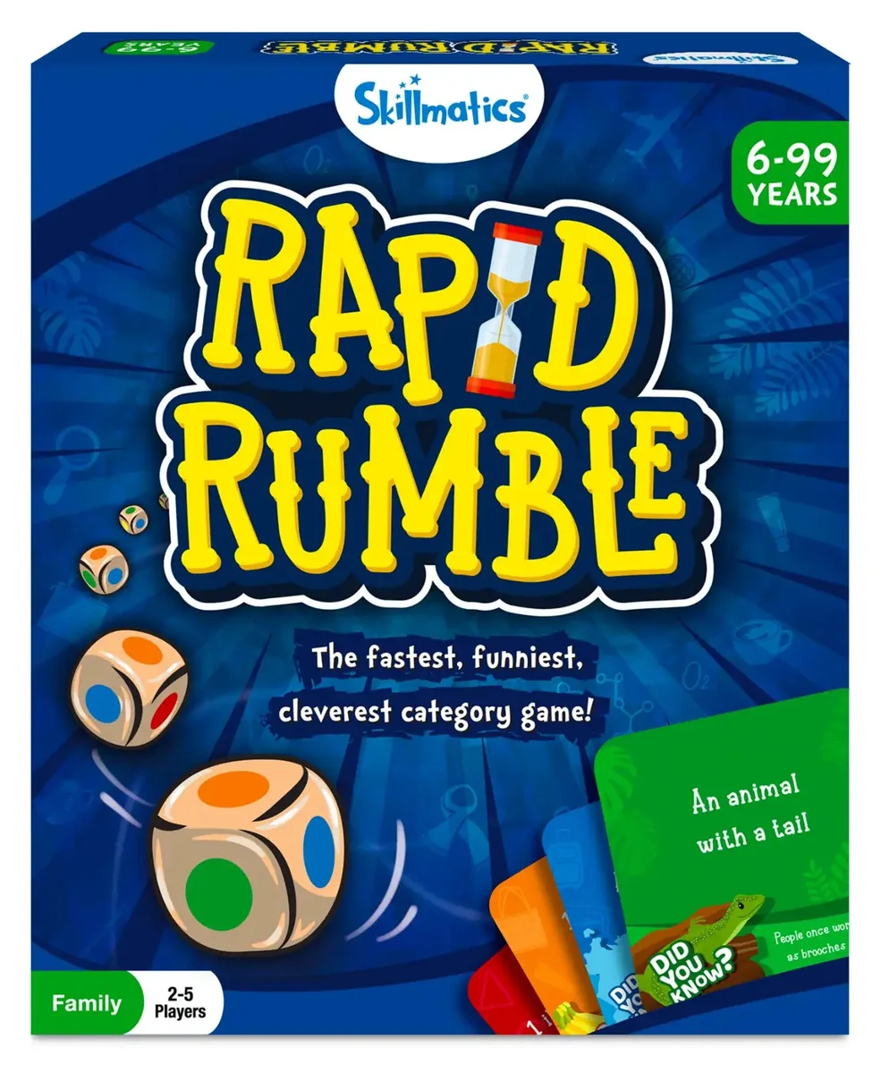 The Rapid Rumble box from Skillmatics, with the wooden die and cards in front