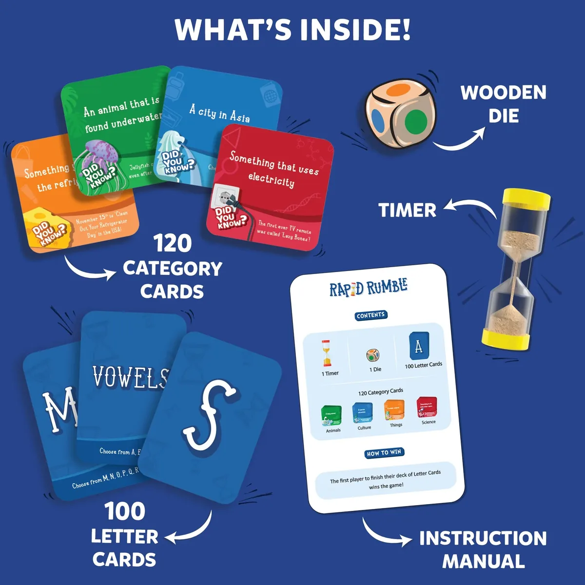 Skillmatics' contents picture for Rapid Rumble: 120 category cards, 100 letter cards, a wooden die, a timer and an instruction manual