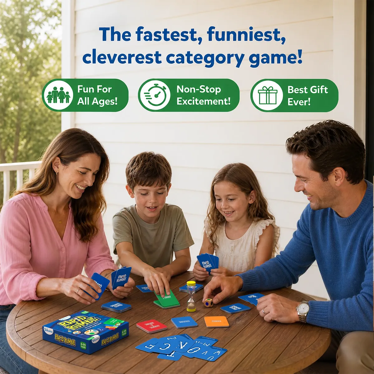 A family playing Rapid Rumble at a table, a girl reaching for a card